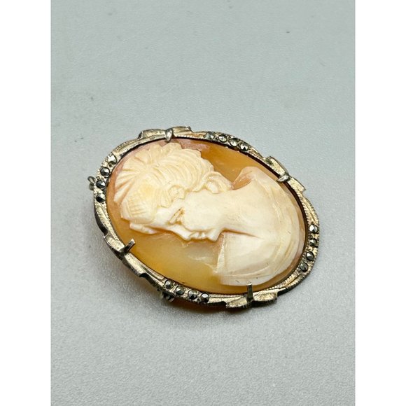 Silver 800 Genuine Carved Shell Cameo Brooch Pendant Vintage Facing Left Cameo - Picture 4 of 8
